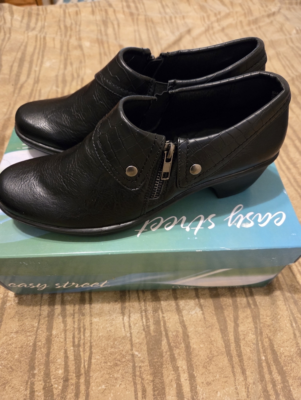easy street Black Faux Leather Low Block Heel Zip Booties